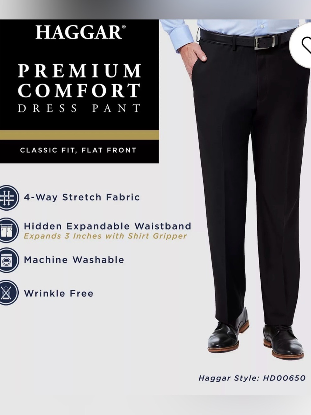 Haggar - Black Classic Fit Comfort Dress pant- flat front 34X32